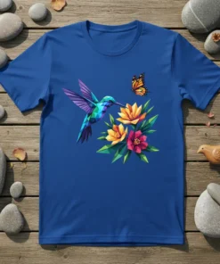 Geometric Hummingbird Butterfly detailed graphic design printed on comfortable cotton t-shirt