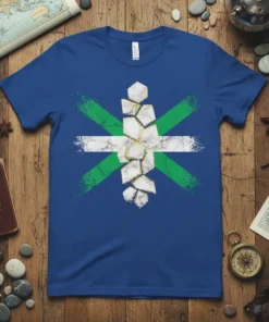 Geometric Marble Stripe Design T-Shirt with green and white stripes and gold-outlined marble mosaic pattern