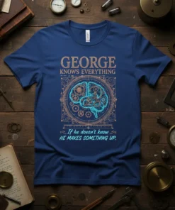 T-shirt design with "GEORGE KNOWS EVERYTHING If he doesn't know HE MAKES SOMETHING UP." quote and steampunk brain graphic