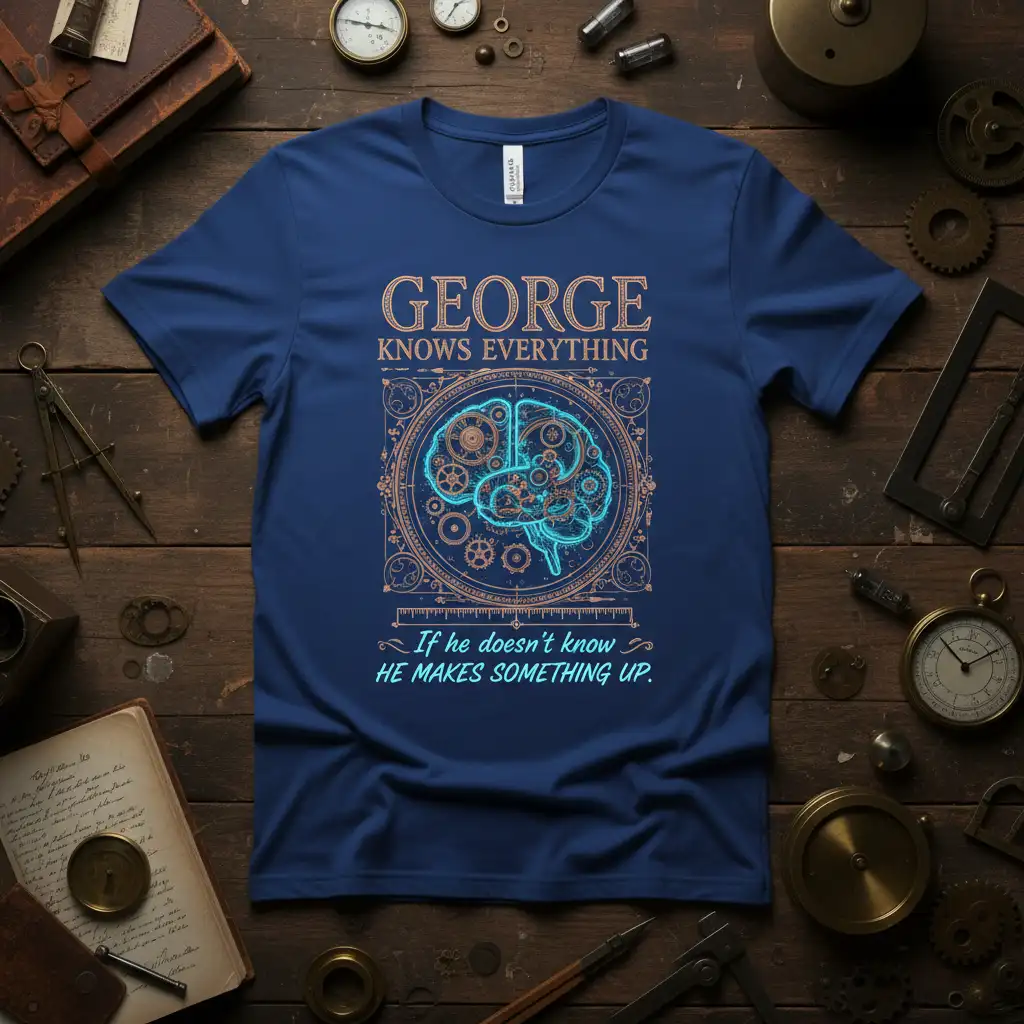 GEORGE KNOWS EVERYTHING If he doesn't know HE MAKES SOMETHING UP quote with steampunk brain design on a navy t-shirt