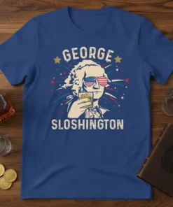 George Sloshington t-shirt design featuring George Washington in American flag sunglasses holding a drink, with patriotic fireworks graphic