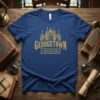 Georgetown M.C.M.LXII vintage t-shirt design with Gothic architecture graphic in gold on navy blue fabric