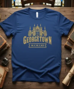 Georgetown M.C.M.LXII vintage t-shirt design with Gothic architecture graphic in gold on navy blue fabric