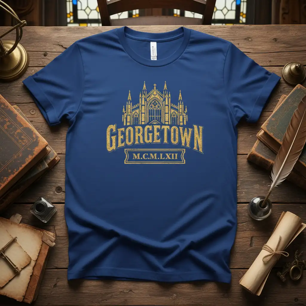 Georgetown M.C.M.LXII vintage t-shirt featuring gothic architecture and distressed gold lettering on navy fabric