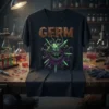 Black t-shirt with "GERM" text and a green and purple monstrous virus graphic, suitable for science humor enthusiasts