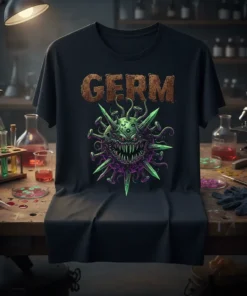 Black t-shirt with "GERM" text and a green and purple monstrous virus graphic, suitable for science humor enthusiasts
