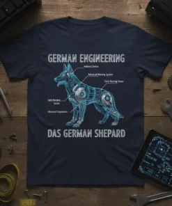 German Engineering Das German Shepard t-shirt design with a blueprint of a German Shepherd showing engineering components