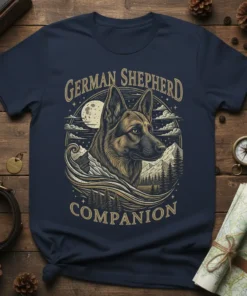 German Shepherd Companion t-shirt design featuring a detailed portrait of a German Shepherd dog in a mountainous landscape under a