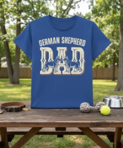 German Shepherd Dad t-shirt with bold vintage text and two detailed German Shepherd dog illustrations