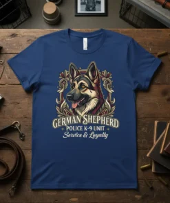 German Shepherd Police K-9 Unit Service & Loyalty t-shirt design featuring a detailed illustration of a German Shepherd within an