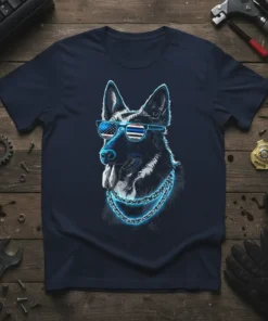 German Shepherd police dog wearing sunglasses with American flag and thin blue line, and a chain necklace, on a dark