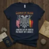 German By Blood American By Birth Patriot By Choice text with eagle graphic and flag elements on a navy t-shirt