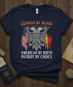 German By Blood American By Birth Patriot By Choice text with eagle graphic and flag elements on a navy t-shirt
