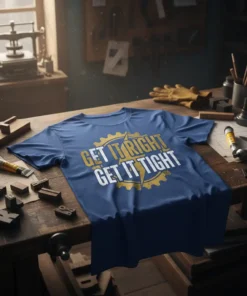 Blue t-shirt with gold and white text reading "GET IT RIGHT GET IT TIGHT" in a gear design, perfect for
