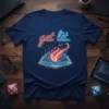 Neon "get lit." text above an open book with glowing pages on a navy t-shirt, perfect for book lovers