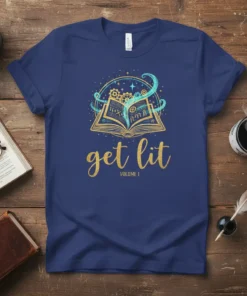 Get lit VOLUME I t-shirt design featuring an open golden book with gears and teal swirls, perfect for book lovers