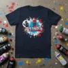 Navy t-shirt with "GET PAINT" text in red and blue, surrounded by colorful paint splatters and cartoon spray can characters