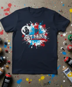Navy t-shirt with "GET PAINT" text in red and blue, surrounded by colorful paint splatters and cartoon spray can characters