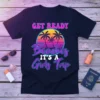 Get Ready Beaches It's A Girls Trip text design with palm trees and retro sunset graphic on a navy t-shirt