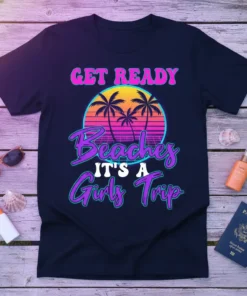 Get Ready Beaches It's A Girls Trip text design with palm trees and retro sunset graphic on a navy t-shirt