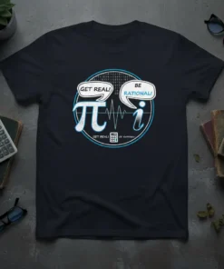 Navy t-shirt with "Get Real! Be Rational!" math humor design, featuring pi and i symbols, binary code, and a calculator