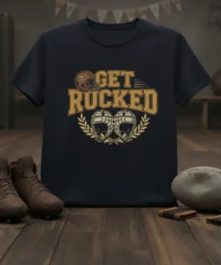 Get Rucked rugby t-shirt design featuring vintage helmets and laurel wreath graphic