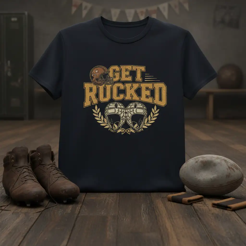 Get Rucked vintage rugby design with helmets and laurel wreath graphic on t-shirt