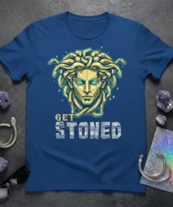Graphic t-shirt featuring a stylized golden Medusa head with snakes for hair and the text "GET STONED" below