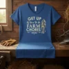 Get Up Its Time To Do Farm Chores T-Shirt with a horse graphic and farm-themed text in cream and gold