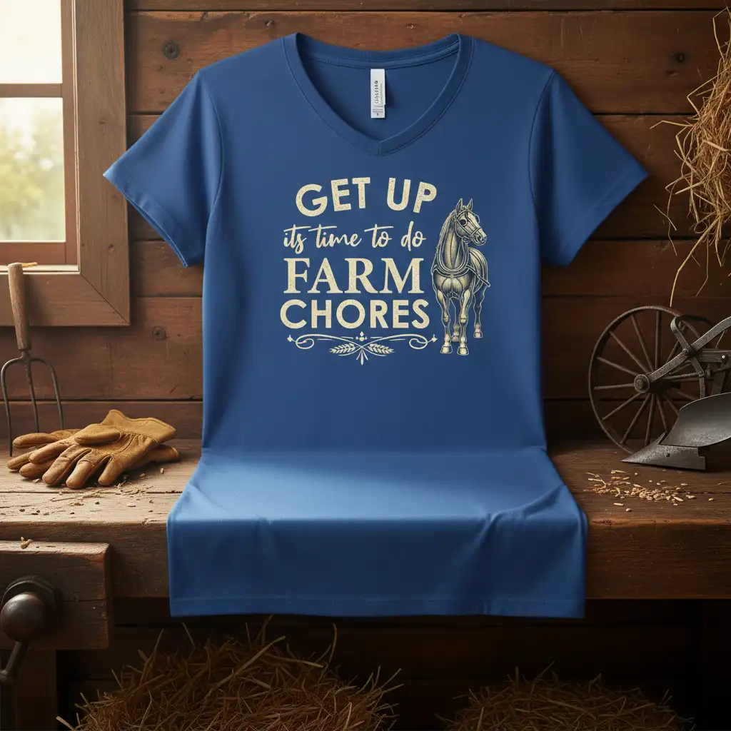 Get Up Its Time To Do Farm Chores text with a detailed horse illustration on a blue t-shirt