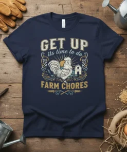 GET UP its time to do FARM CHORES text with a rooster and farm graphic on a navy t-shirt