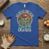 Get Up Its Time To Do Farm Chores text with rooster graphic on blue t-shirt