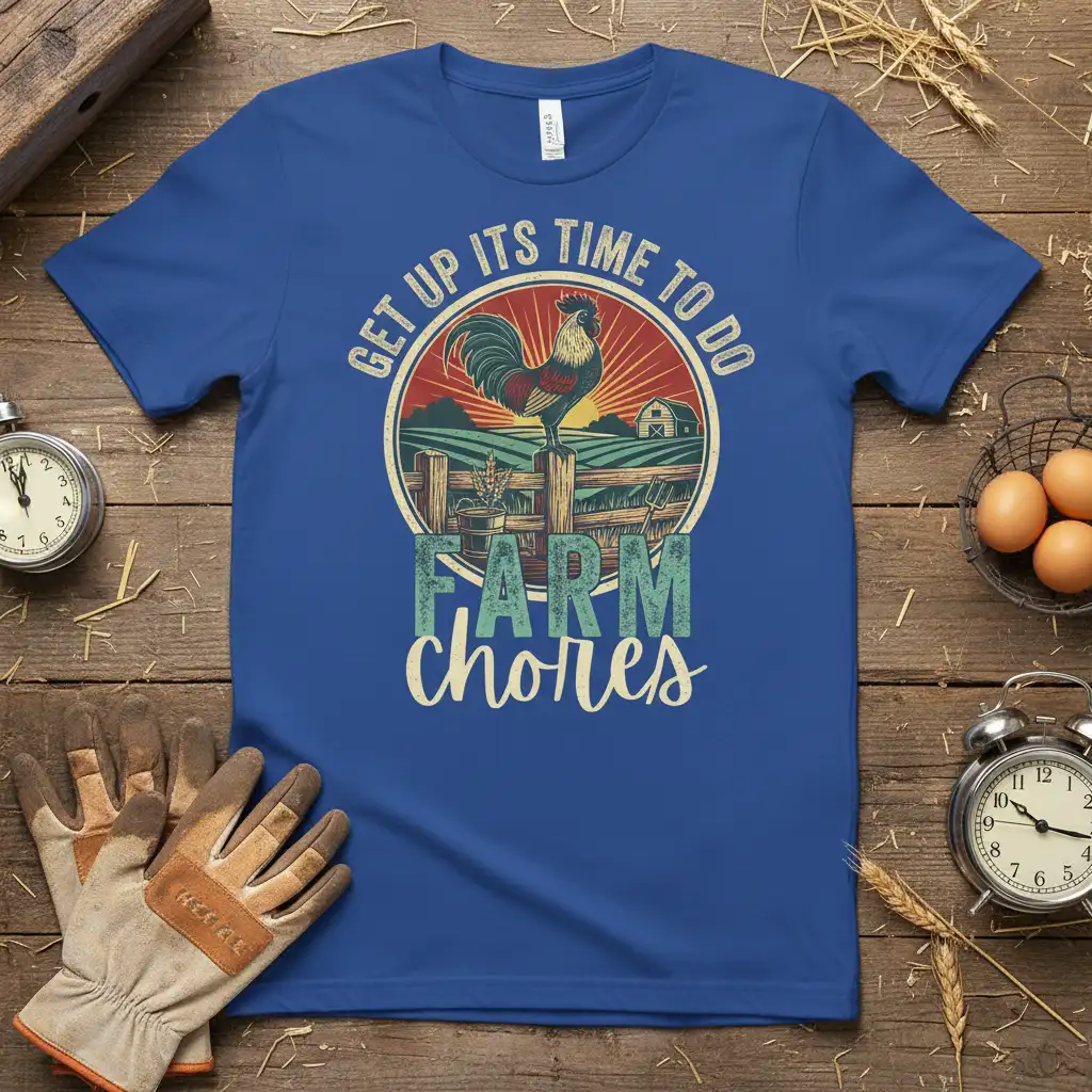 Get Up Its Time To Do Farm Chores quote with rooster and farm scene graphic on a royal blue tee