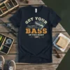 T-shirt with "GET YOUR BASS IN THE BOAT" text, featuring a largemouth bass jumping near a boat and a fishing