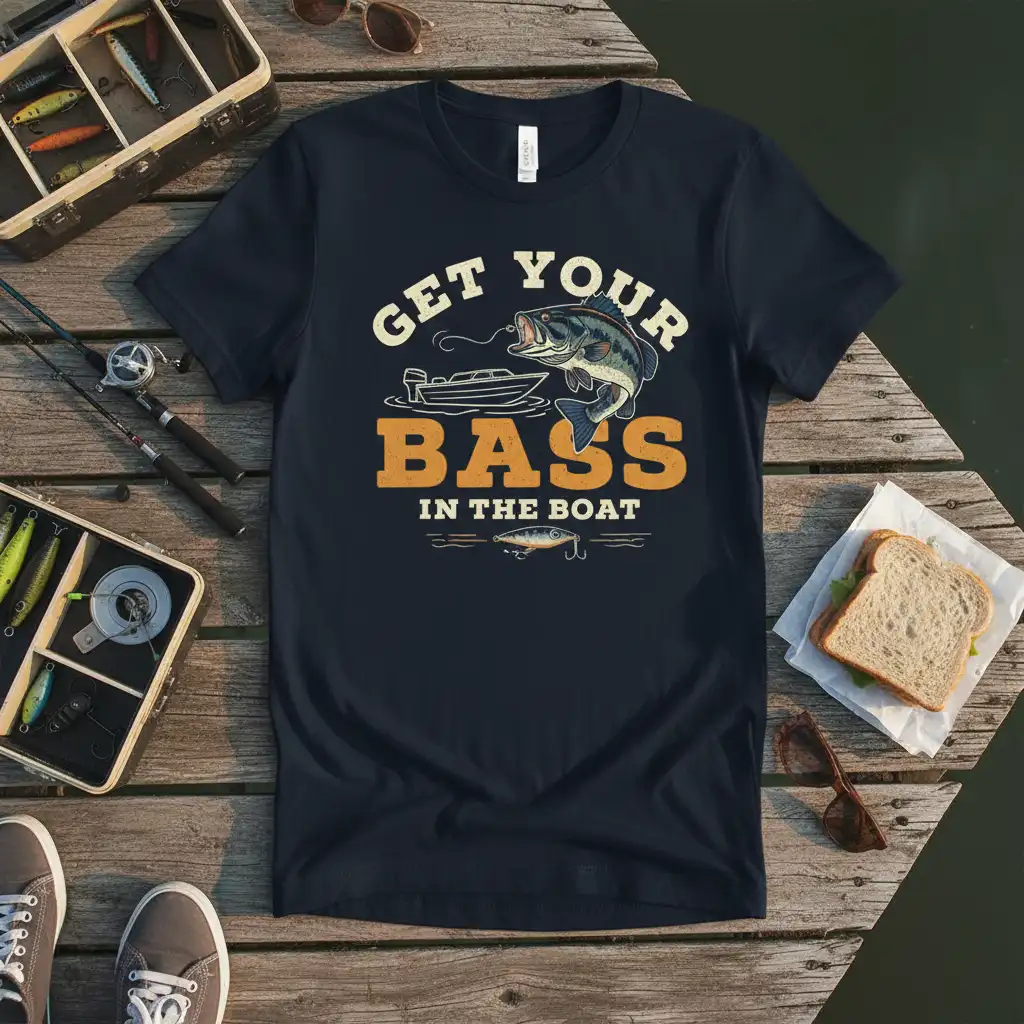 Get Your Bass In The Boat fishing quote tee with bass and boat graphic