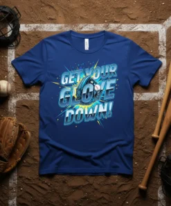 Get Your Glove Down! text with baseball glove graphic on a navy blue t-shirt, perfect for baseball players