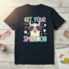 Get Your Smile On text with a smiling llama wearing heart sunglasses and holding teeth graphics on a navy t-shirt