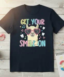 Get Your Smile On text with a smiling llama wearing heart sunglasses and holding teeth graphics on a navy t-shirt