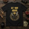 Get Your Voodoo On t-shirt featuring a voodoo doll graphic with occult symbols and dragon-like frame