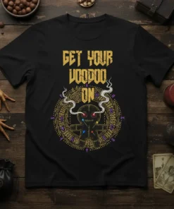 Get Your Voodoo On t-shirt featuring a voodoo doll graphic with occult symbols and dragon-like frame