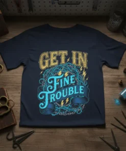 GET IN FINE TROUBLE quote in distressed yellow and blue font with barbed wire and lightning graphics on a navy