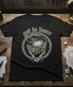 Black t-shirt with "Get In Loser" text above a gothic coffin held by skeleton hands, surrounded by thorns