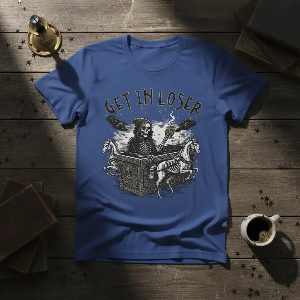 Get In Loser quote featuring Grim Reaper in coffin chariot with skeleton horses, spooky graphic tee