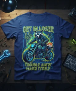 GET IN LOSER TROUBLE text design featuring unique typography on quality t-shirt