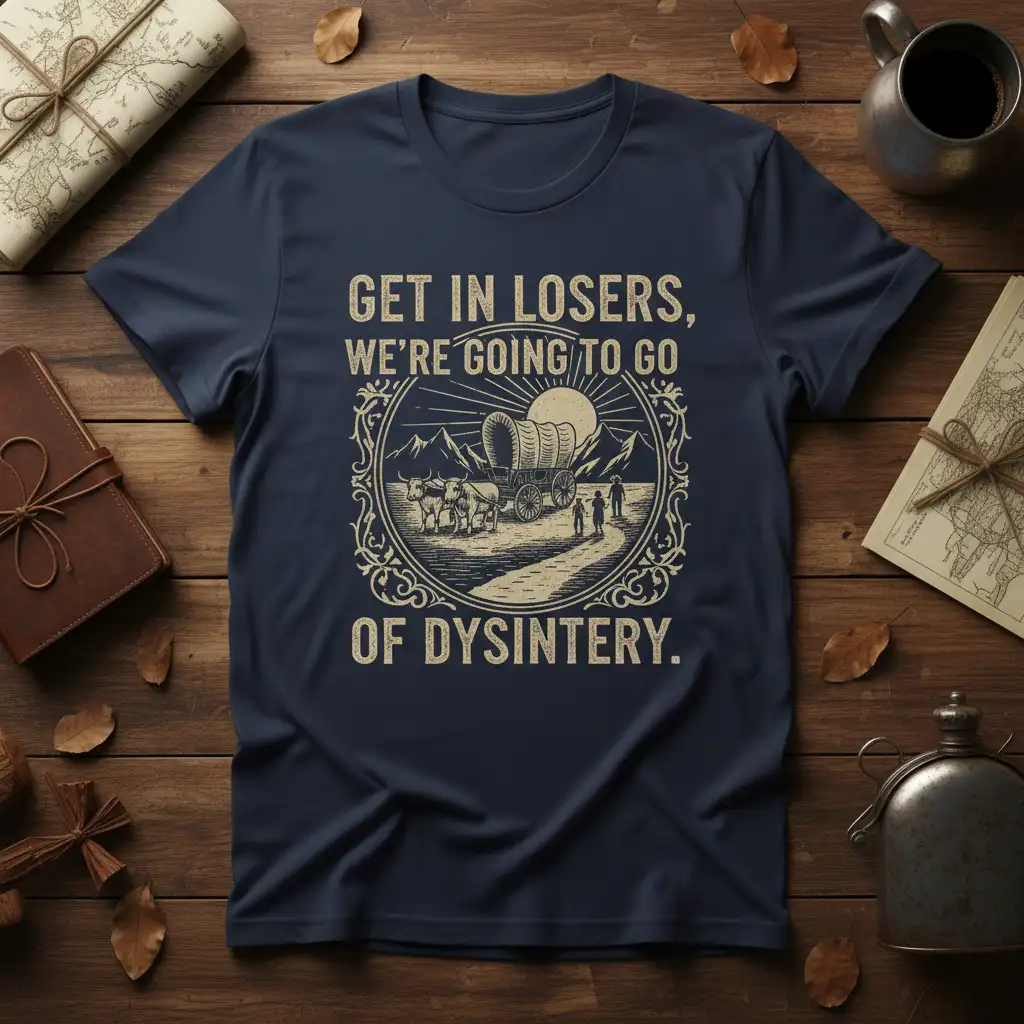 GET IN LOSERS, WE'RE GOING TO GO OF DYSINTERY. quote on a vintage pioneer wagon graphic t-shirt design