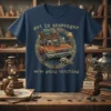 Navy blue t-shirt with "get in scavenger we're going thrifting" text and a graphic of raccoons in a car loaded