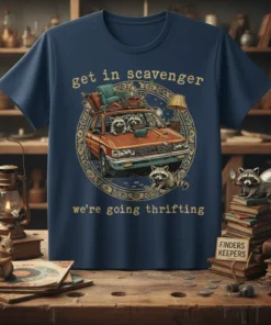 Navy blue t-shirt with "get in scavenger we're going thrifting" text and a graphic of raccoons in a car loaded