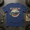 Blue t-shirt with "GET IN THE CAR" text above a vintage blue station wagon inside a gear graphic