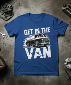 Get In The Van retro campervan graphic t-shirt with distressed white typography and vintage van illustration