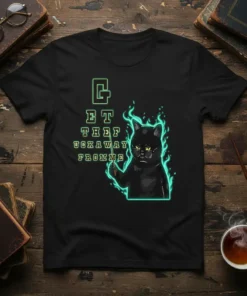 Black t-shirt with a grumpy cat illustration and text reading "GET THE FUCK AWAY FROM ME"